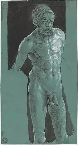 Autoportrait nu, Albrecht Dürer, v. 1509. Plume, encre et rehauts de blanc / papier préparé en vert. H. 29 cm. Château de Weimar