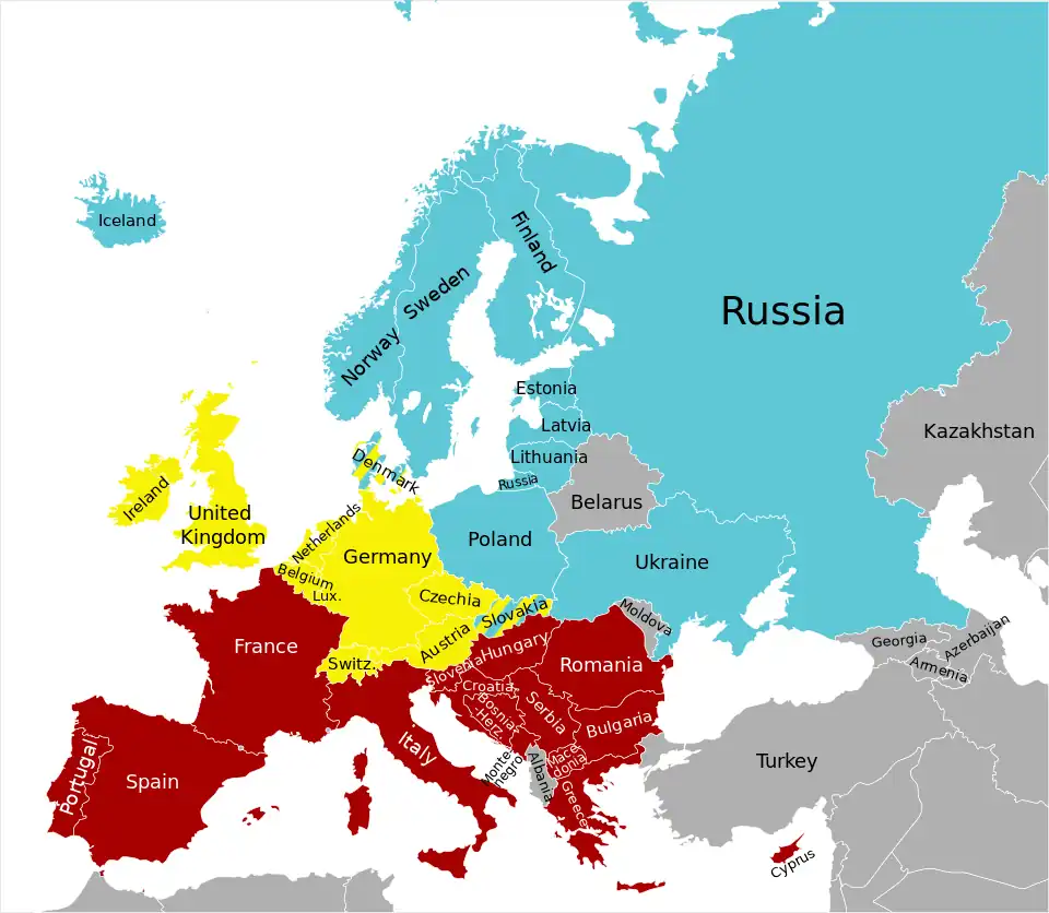 Les trois couronnes d'alcool en Europe, selon les consommations traditionnelles dans chaque pays.Prédominance de la vodkaPrédominance de la bièrePrédominance du vin