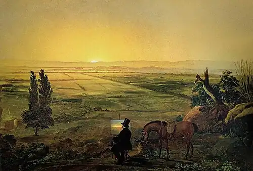 Alejandro Ciccarelli (es) (Chili) Vista de Santiago de Chile desde Peñalolén (Vue de Santiago depuis Peñalolén, 1853, Pinacoteca Banco Santander à Santiago).