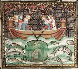 Alexandre dans une cloche de plongée en verre, Roman d'Alexandre, XIVe&nbsp;siècle.