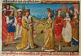 Alexandre rencontre la reine des Amazones, Histoire des Batailles d'Alexandre, XVe&nbsp;siècle.