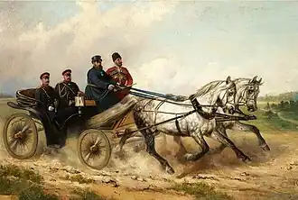 Peinture d'un attelage de chevaux gris vus de profil.