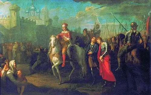 Peinture représentant les forces russes entrant dans la ville de Pskov.