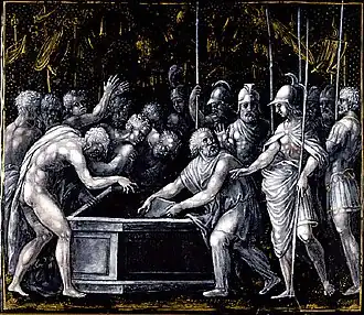 Alexandre fait placer l'Iliade d'Homère dans un coffre très précieux par Jean Pénicaud III (fin xvie, musée d'art de Saint-Louis).