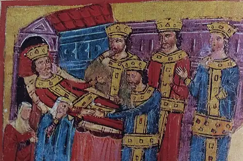 Alexandre le Grand sur son lit de mort, version grecque du Roman d'Alexandre, XIVe&nbsp;siècle.