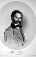 lithographie : un homme, portant costume et nœud papillon, au large front, avec moustaches et favoris sombres, regarde le spectateur.