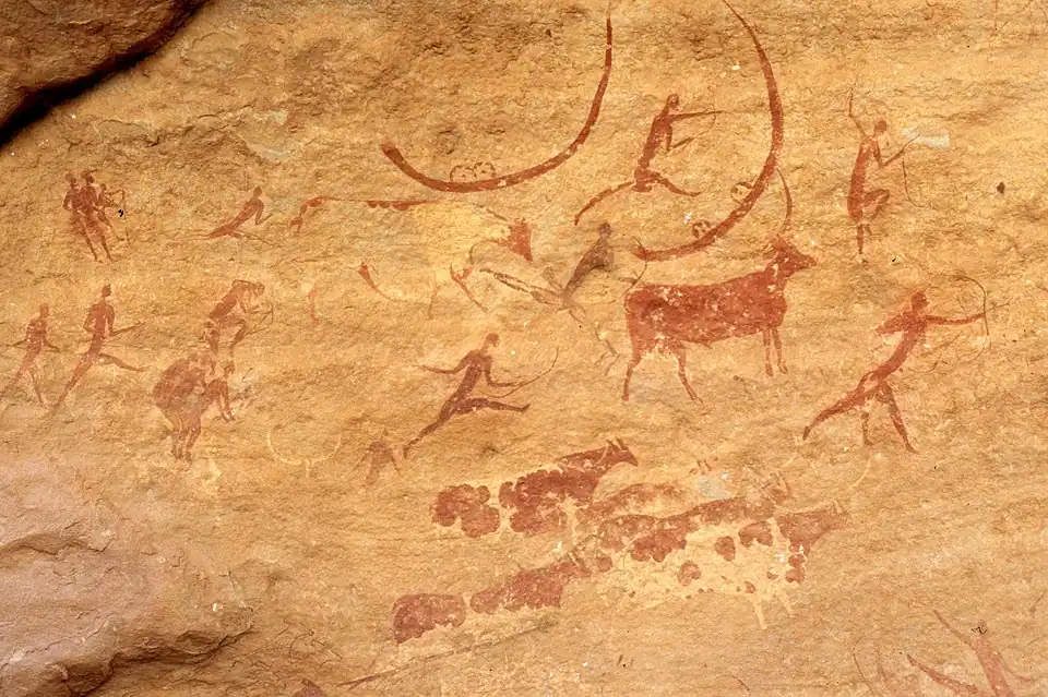 Art rupestre :Peinture rupestre du Tassili n'Ajjer, Sahara, Algérie.