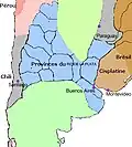 Amérique australe au moment des indépendances en 1821. En vert pâle, territoires indiens.