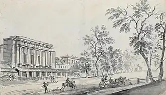 Le théâtre de l’Ambigu au XVIIIe siècle, dessin de Jean-Baptiste Lallemand.