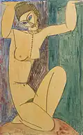 Dessin en couleur d'une femme accroupie un genou et les bras relevés, tête un peu penchée vers sa droite