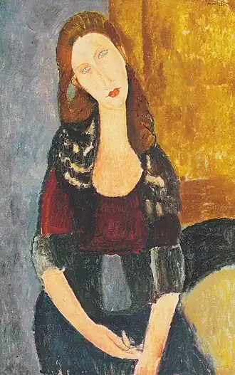 Peinture en plan américain d'une jeune femme assise mains devant elle, tête inclinée vers sa droite