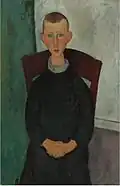 Peinture en plan italien d'un garçon vêtu de sombre, cheveux ras, mains jointes