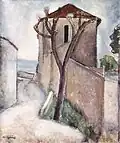 Peinture représentant dans des teintes assez pâles une maison et des pans de murs