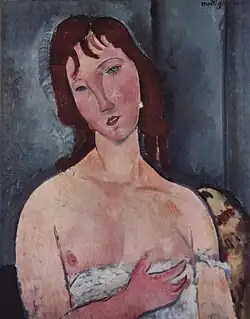 Buste féminin dénudé, sur fond bleu sombre