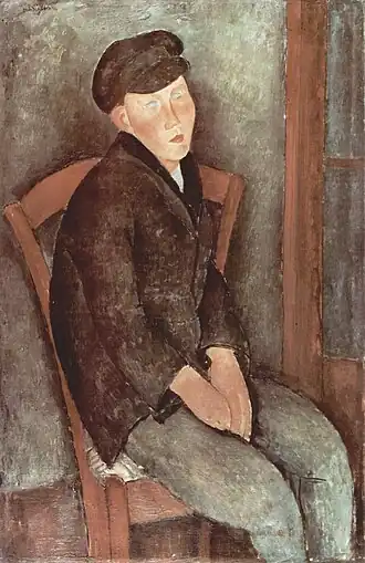 Peinture en plan italien de trois quarts face d'un garçon en veste et casquette, mains devant lui