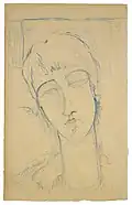 Dessin au crayon bleu d'une tête de femme vue de face, un peu inclinée vers la droite