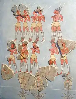 Fresque reconstituée d'une chasse au sanglier. Orchomène, XIIIe siècle av. J.-C..