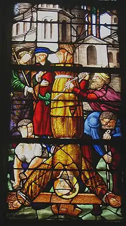 Crucifiement de Pierre, vitrail du XVIe siècle, Notre-Dame des Andelys.