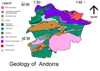 Carte géologique de l'Andorre : granite, mica, gneiss du Paléozoïque.