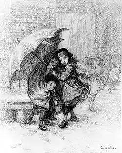 Écoliers dans la tempête.