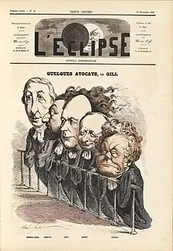 Caricature de presse montrant plusieurs avocats à la barre.