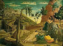 La Prière au Jardin des Oliviers selon Andrea Mantegna. L'œuvre fut réalisée entre 1455 et 1457. Elle fit l'objet d'un envoi de l'état et est désormais exposée au musée des Beaux-Arts de Tours.