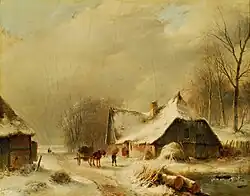 Andreas Schelfhout : Winterlandschap met paard en wagen in de voorkant van een besneeuwde boerderij.