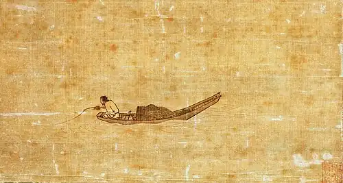 Pêcheur solitaire sur le fleuve en hiver. 1195, Song du Sud. Détail d'un rouleau vertical, encre sur soie, 141 × 36&nbsp;cm. Musée national de Tokyo.