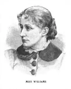 Une femme en habit du dix-neuvième siècle, regardant vers sa droite.