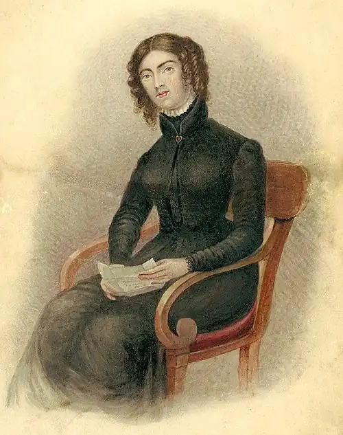 Aquarelle d'Anne Lister réalisée par Mrs Taylor en 1822. Si le noir est une couleur masculine à l'époque, les matières (satin, gaze) sont féminines