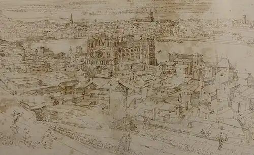 Gravure de la Renaissance montrant une ville située au bord d'une rivière, dominée par une cathédrale