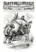 Caricature représentant des personnages qui font basculer une chaise à porteurs.