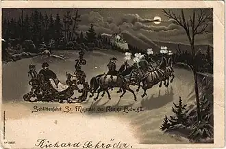 Carte postale "Promenade en traîneau de Sa Majesté le roi Louis II", 1899, Verlag Kunstanstalt Lautz & Isenbeck, Darmstadt, n° 2827, recto.
