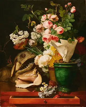 Antoine BerjonNature morte de fleurs, de coquillages, de tête de requin et de pétrifications, 1819