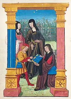 Maître de Philippe de Gueldre, « Antoine Vérard présente son livre au jeune François, en présence de Louise de Savoie et de Marguerite d'Angoulême [?] », dans Octavien de Saint-Gelais, Le Séjour d'honneur, Paris, BnF, Vélins 2239, fo&nbsp;1, 1503 (enluminé vers 1506).