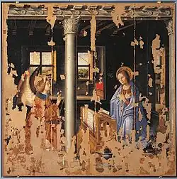 L'Annonciation, 1474, huile sur noyer transférée sur toile, 180&nbsp;×&nbsp;180&nbsp;cm, Syracuse, Musée du Palais Bellomo