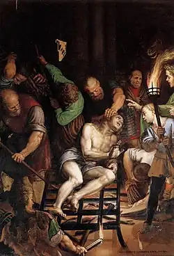 Toile montrant un homme nu attaché sur une grille de fer au-dessus d'un feu.