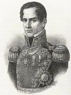 Lithographie d'un homme en uniforme militaire avec des épaulettes et de nombreuses décorations