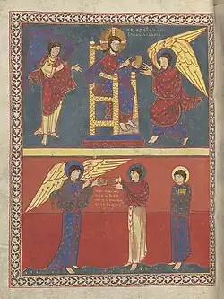 L'ange remet à Jean le livre de la Révélation.F° 26 v.