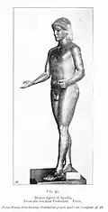 Apollon de Piombino. Bronze, incrustations de cuivre et d'argent. H. 1,15&nbsp;m. Faux archaïque, d'époque hellénistique, v. 50 av. n. ère. Louvre