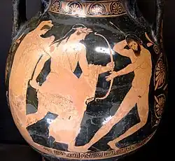 Apollon et Tityos, pélikè attique à figures rouges de Polygnote, vers 450‑440 av. J.-C..
