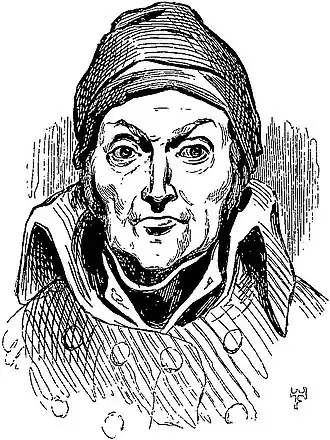 Portait-croquis de l’inventeur portant un bonnet et une redingote à très haut col qui enveloppe largement le cou et monte quasiment jusqu’au lobe des oreilles.
