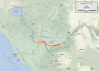 Plan du Latium antique avec l'Aqua Alexandriana en rouge.