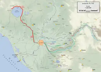 Plan du Latium avec l'Aqua Traiana en rouge.