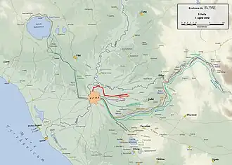 Plan du Latium antique avec l'Aqua Virgo en rouge.