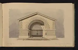 Aquarelle par Prosper Morey, avril 1830. En bas à gauche, « par M. Lusson archi 1826 ».