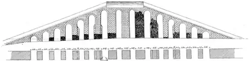 Schéma en noir et blanc, reconstituant à partir des ruines existantes (en noir) la configuration d'un réservoir placé à une grande hauteur (environ quinze mètres) entre un siphon amont et un siphon aval.