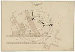 Présentation des découvertes faites (trait noir) depuis le percement de la rue Monge (dessin, 1883).