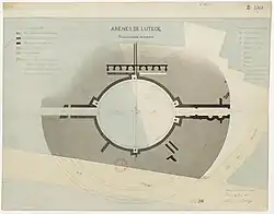 Plan des arènes de Lutèce dressé par l'architecte Gabriel Robert-Rupricht (dessin, 1881).