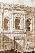 Position des taureaux en haut-relief sous le fronton de la porte d'honneur.